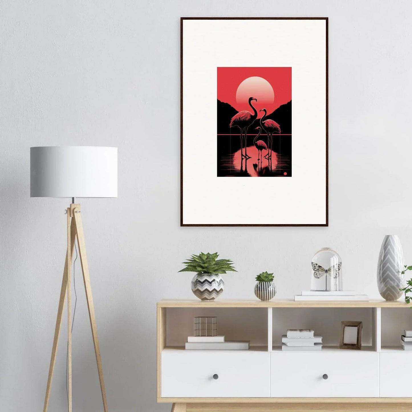 Framed canvas print of silhouetted flamingos at sunset for stylish room decoration