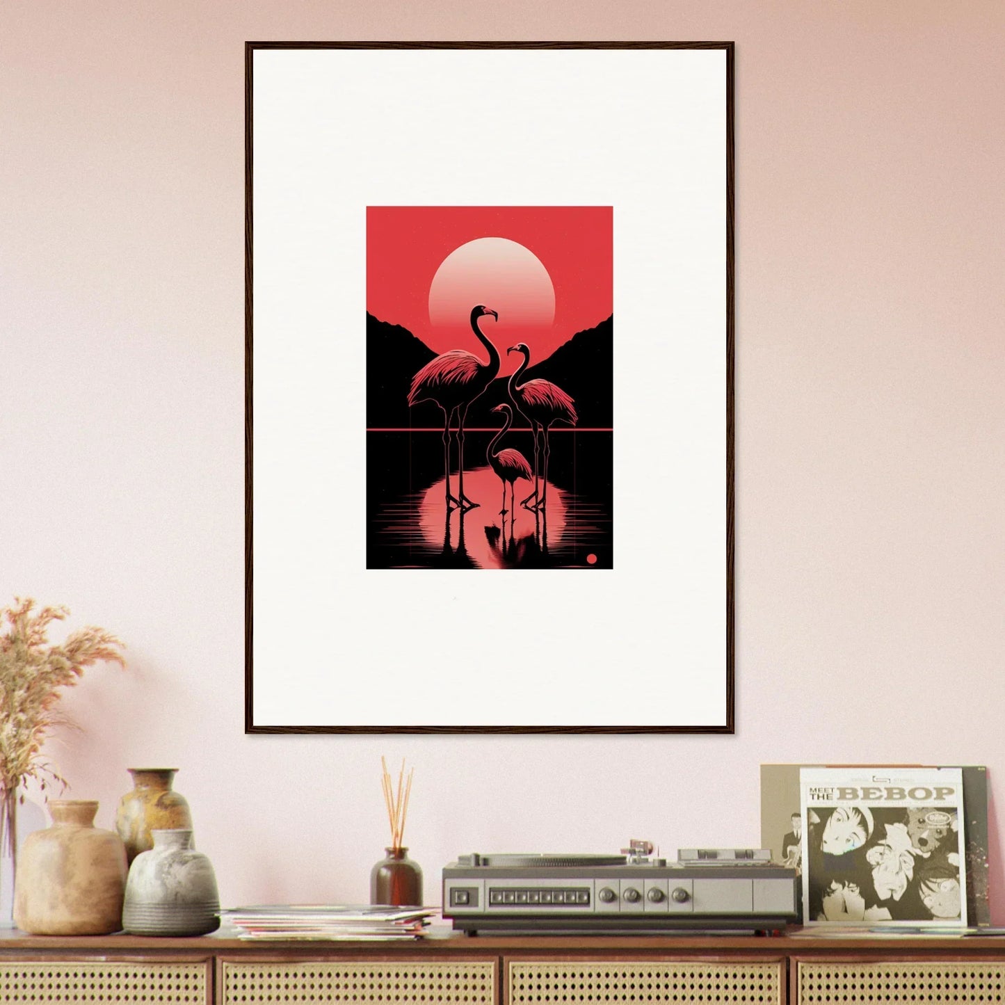 Framed canvas print of flamingos at sunset, perfect for room decoration with Snare Verstrokes