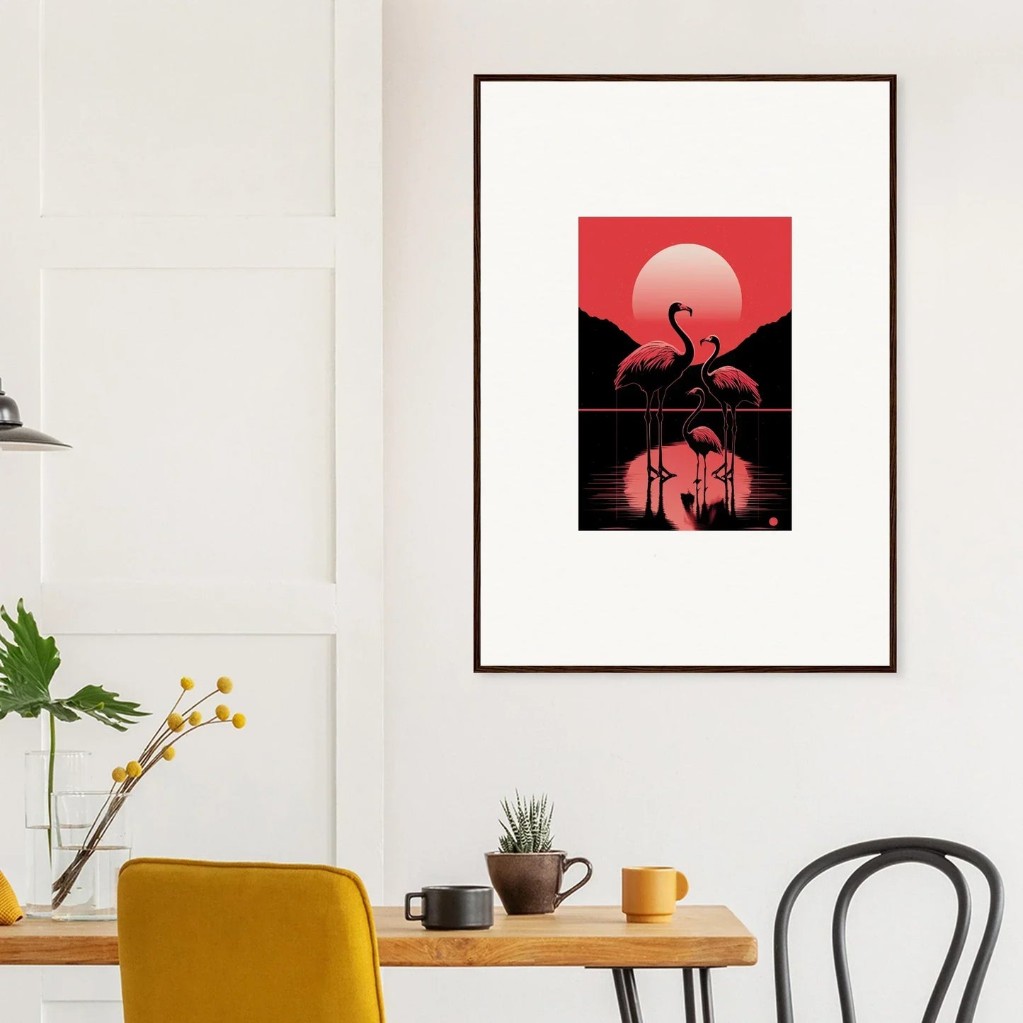 Framed canvas print of flamingos at sunset, perfect for snare verstrokes room decoration