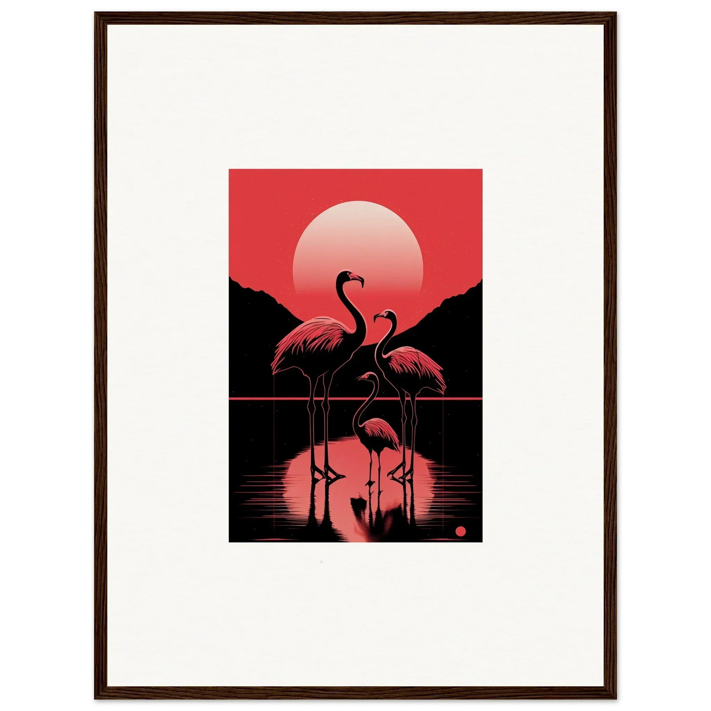 Framed canvas print of flamingo silhouettes at sunset for stylish room decoration