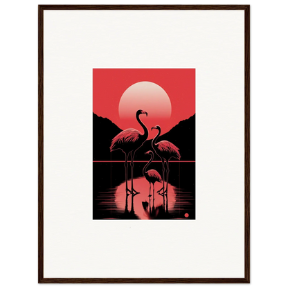 Framed canvas print of flamingo silhouettes at sunset for stylish room decoration