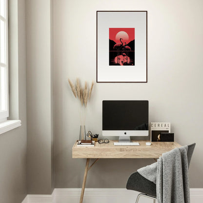 Minimalist home office with a wooden desk, computer, and snare verstrokes canvas print