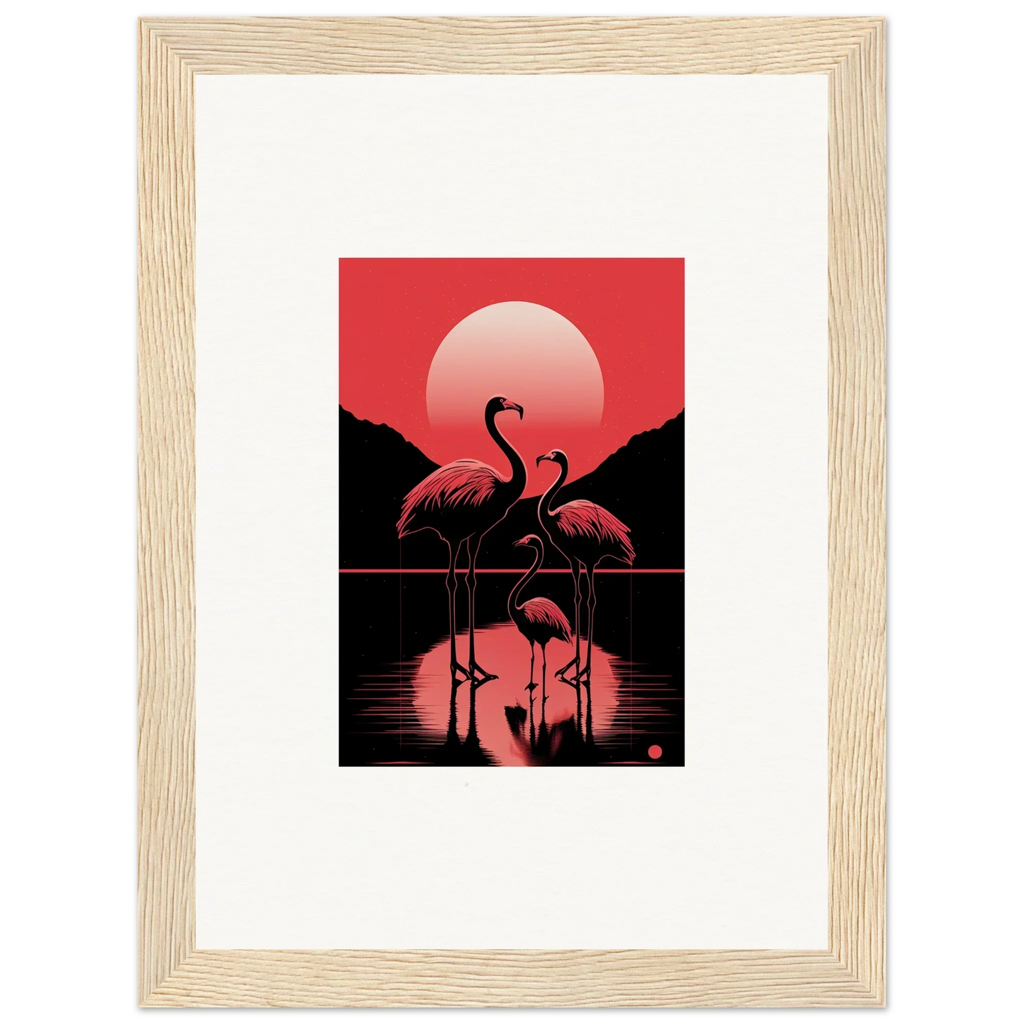 Framed canvas print of flamingo silhouettes at sunset, perfect for room decoration