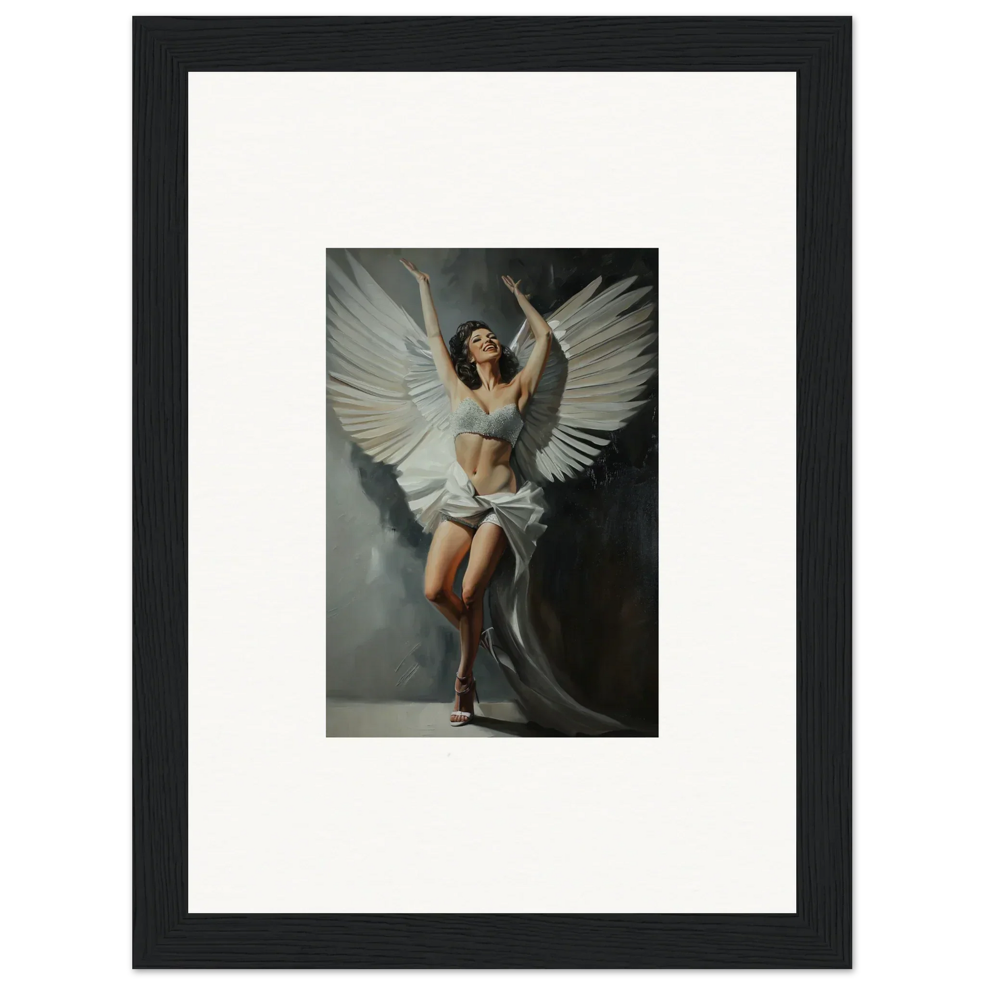 Framed canvas print of a woman with white wings for bliss paradise room decoration