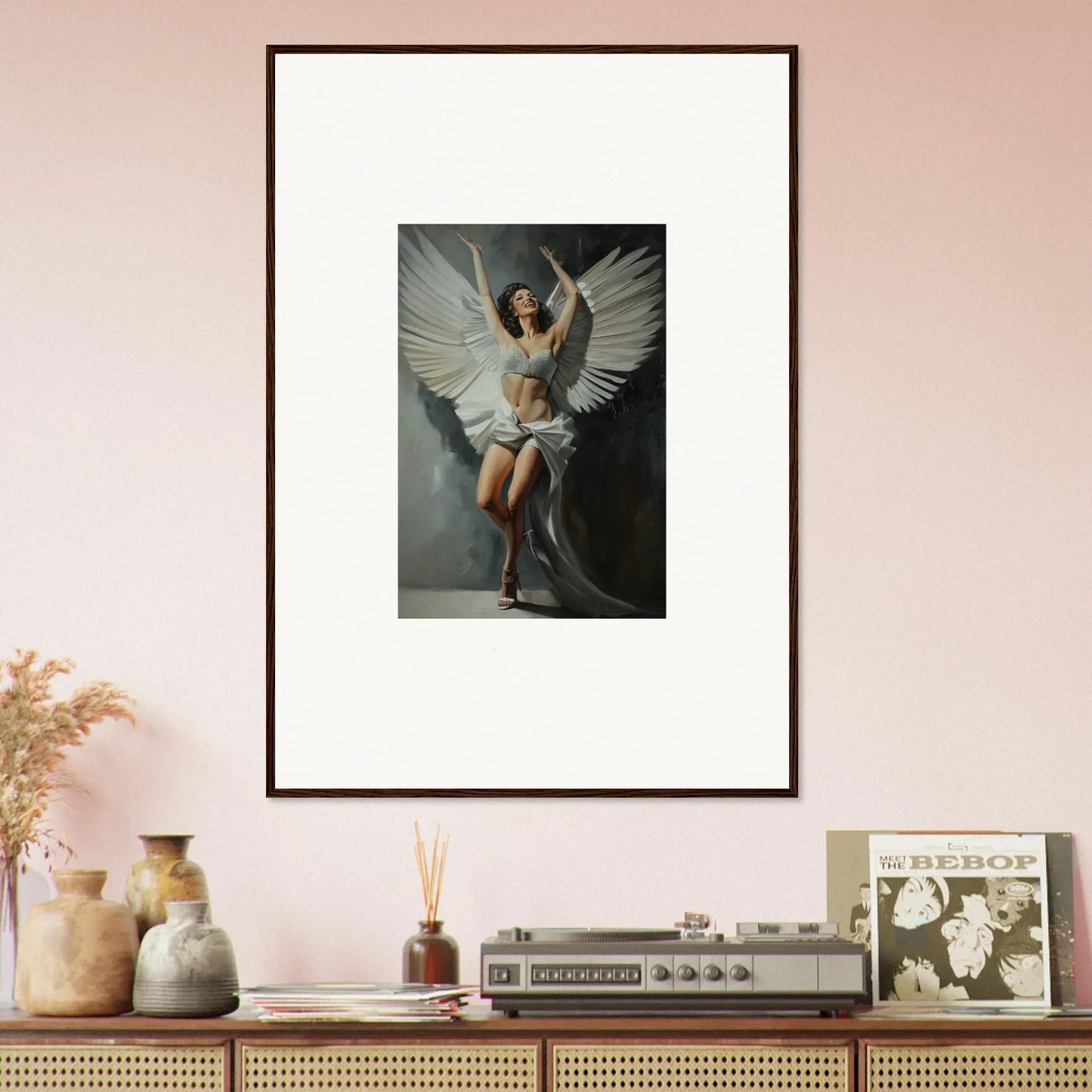 Framed canvas print of a person with white wings, perfect for bliss paradise room decoration