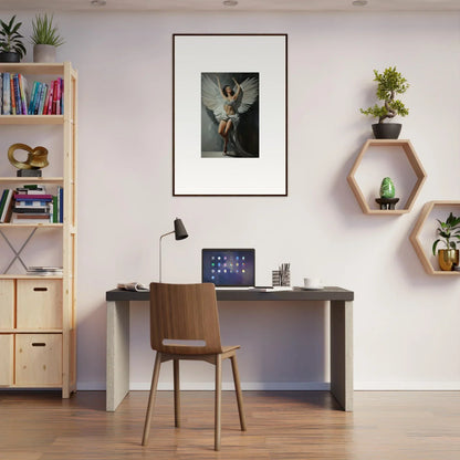 Home office workspace featuring a desk, chair, and bliss paradise wall decor