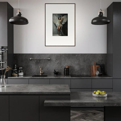 Modern kitchen with dark cabinetry and a canvas print enhancing bliss paradise vibes