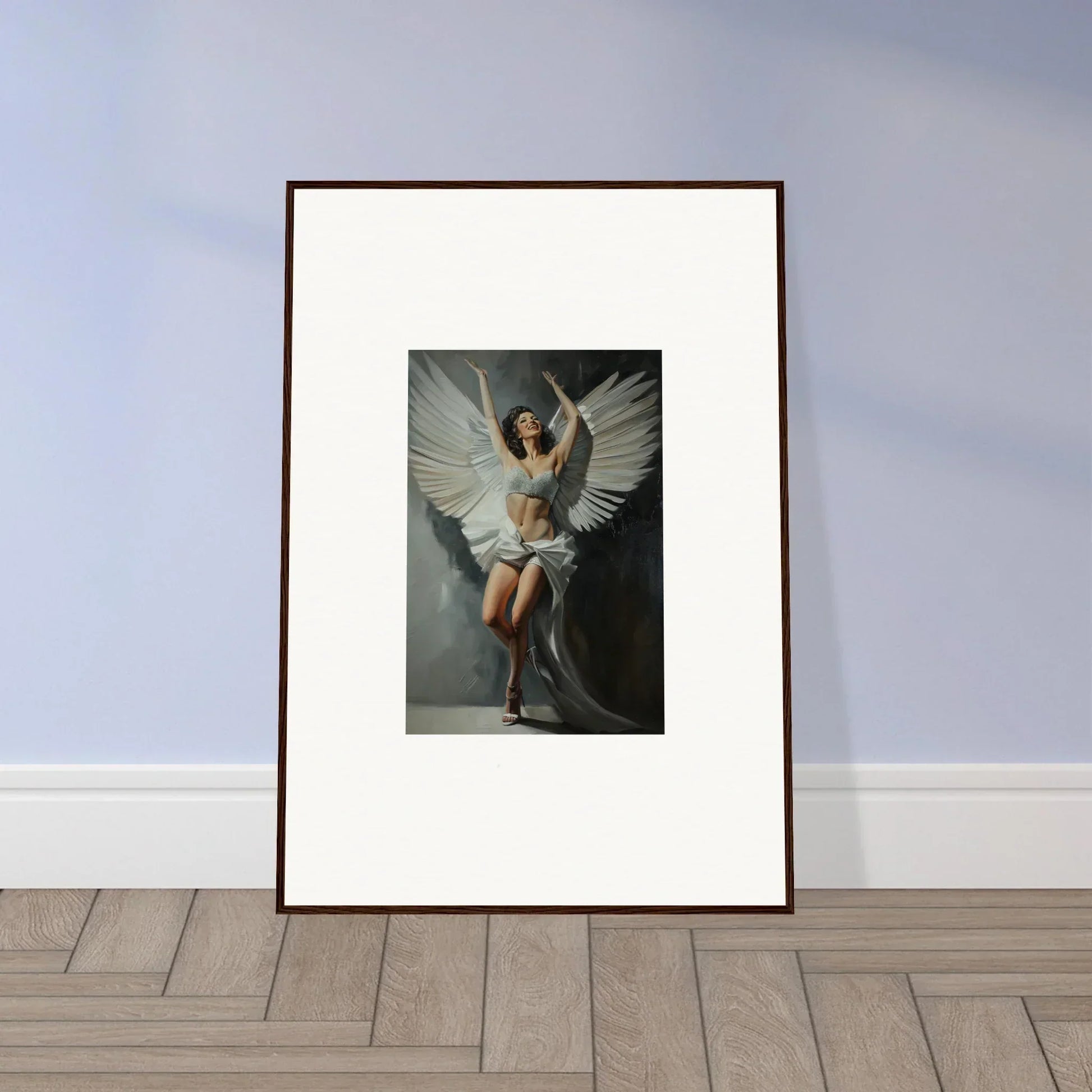 Framed canvas print of a person with large white wings for bliss paradise room decoration