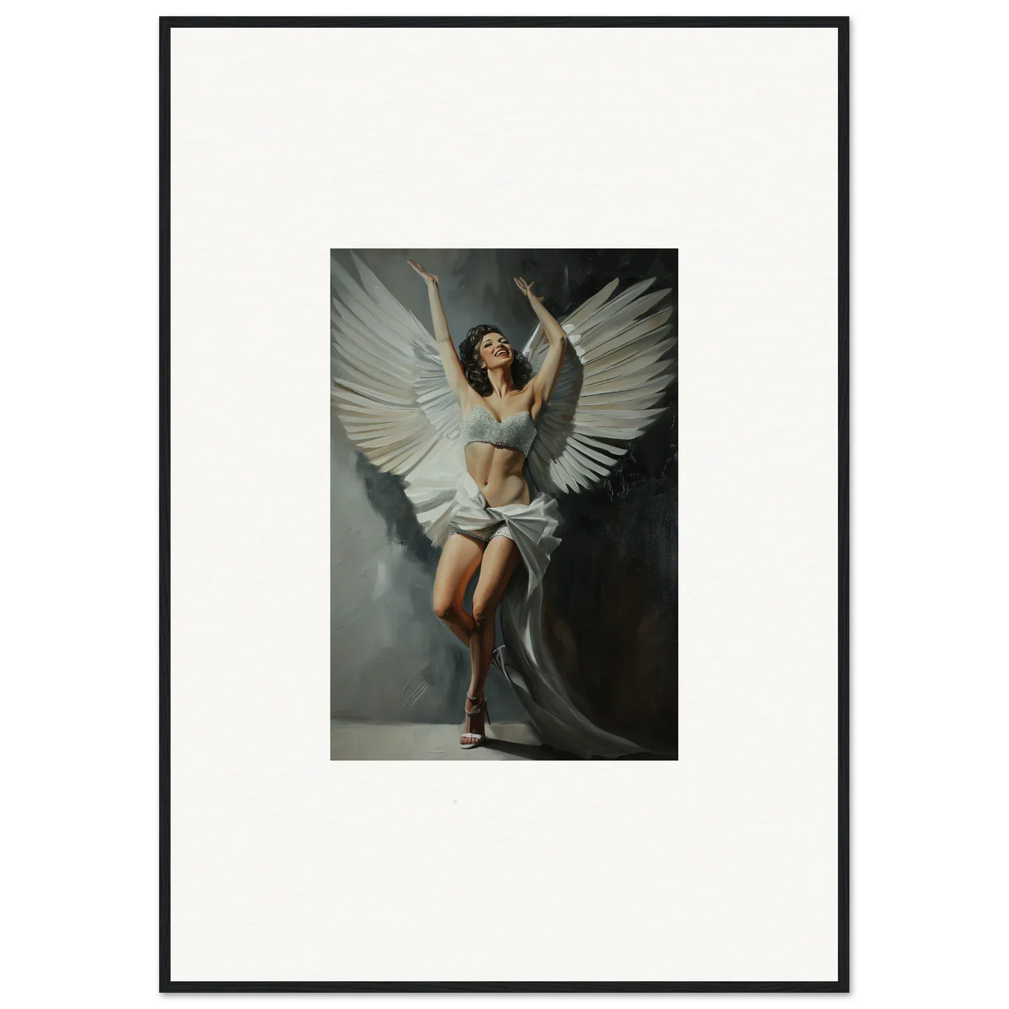 Woman with large white wings posing dramatically for a bliss paradise canvas print