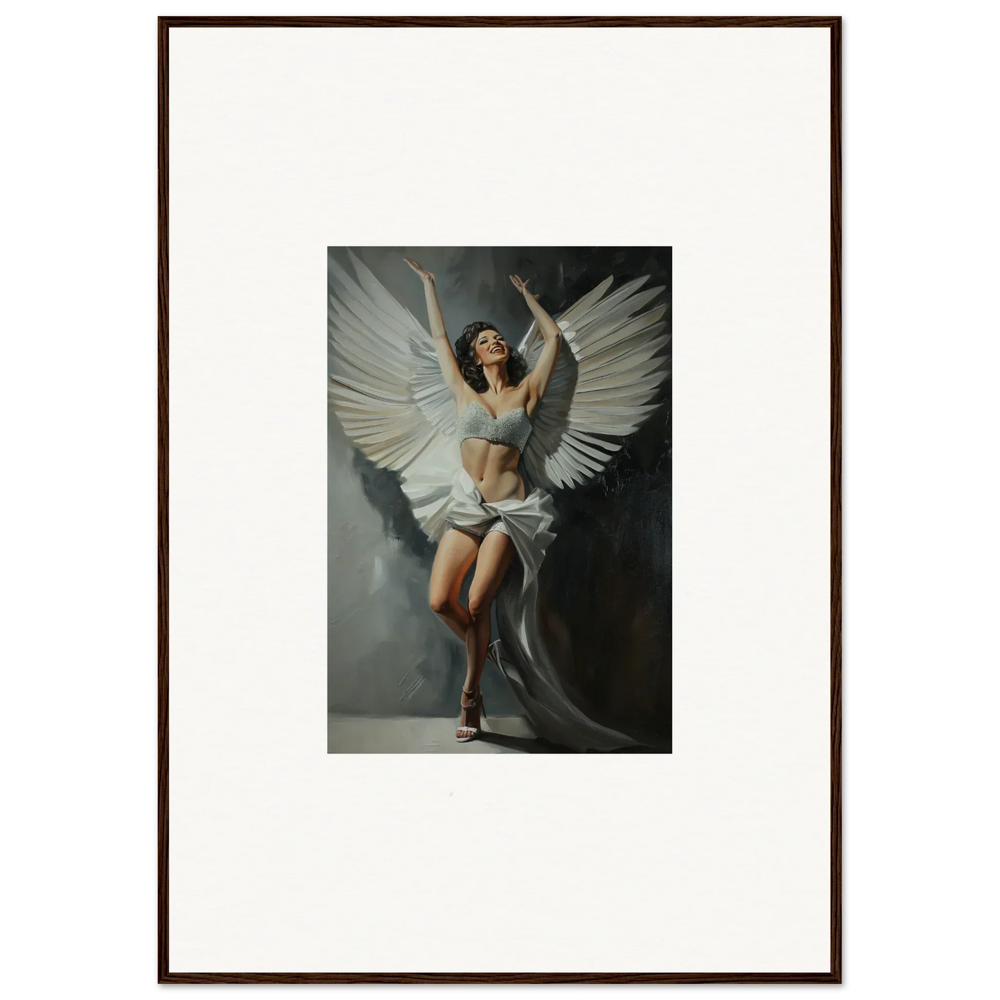 Dramatic woman with white wings canvas print for bliss paradise room decoration