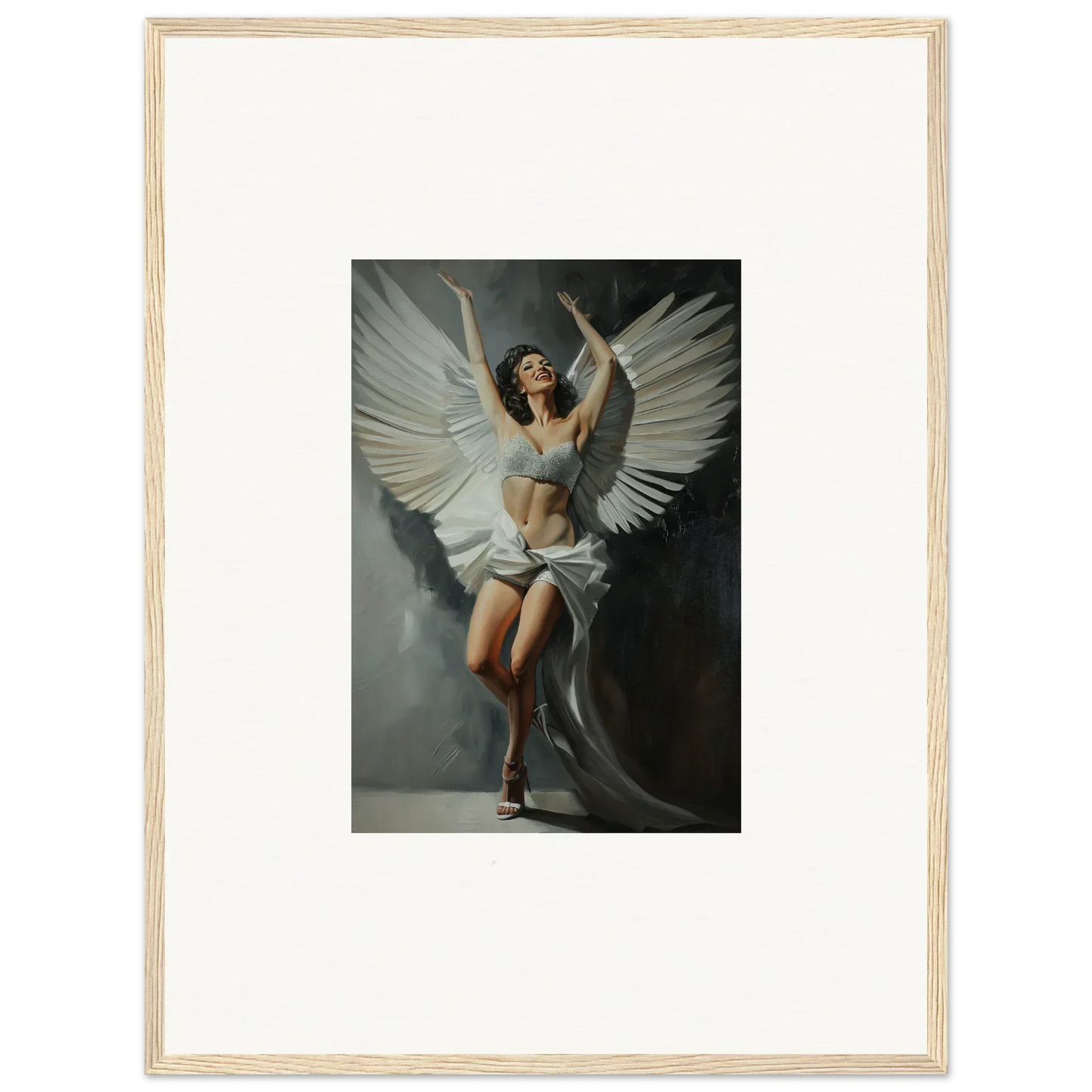 Framed canvas print of a woman in angel wings, perfect for bliss paradise room decoration