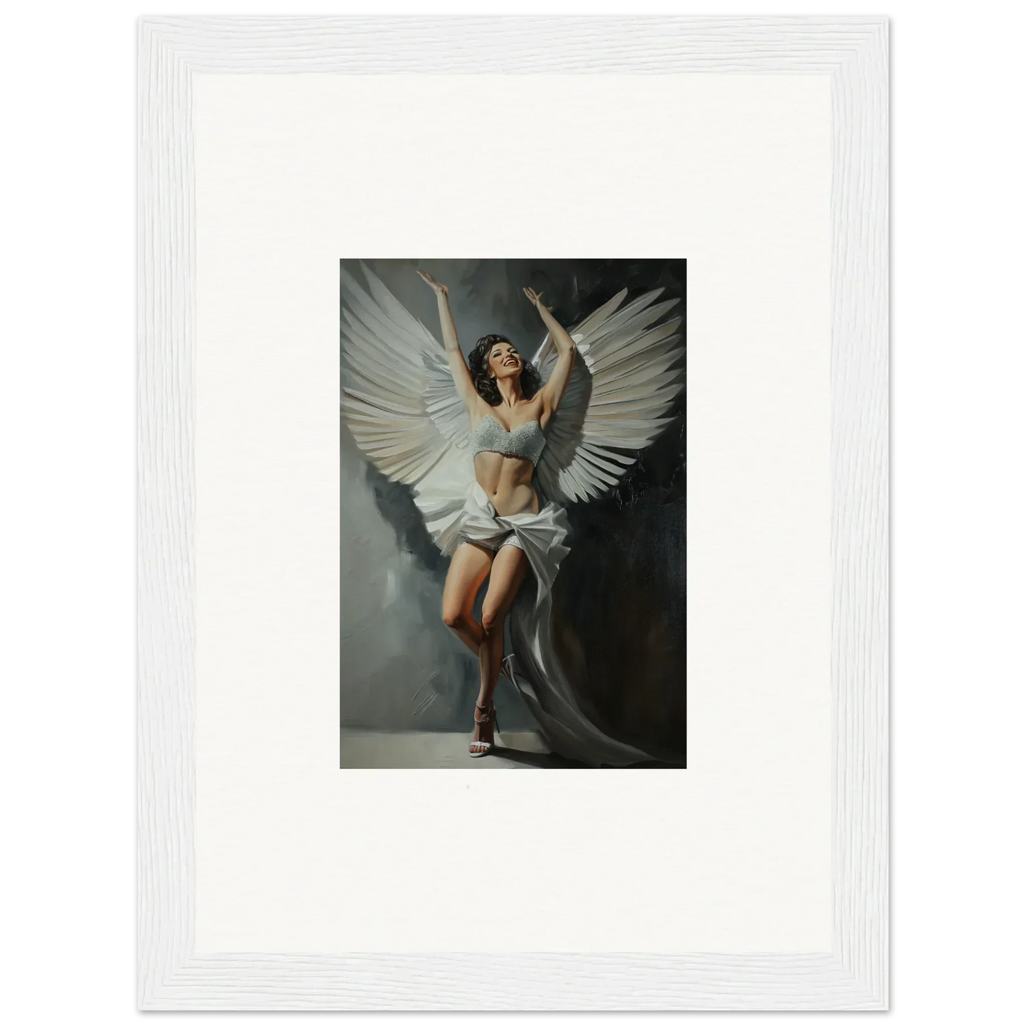 Dramatic figure with white wings in motion, perfect for Room Decoration and Bliss Paradise vibe