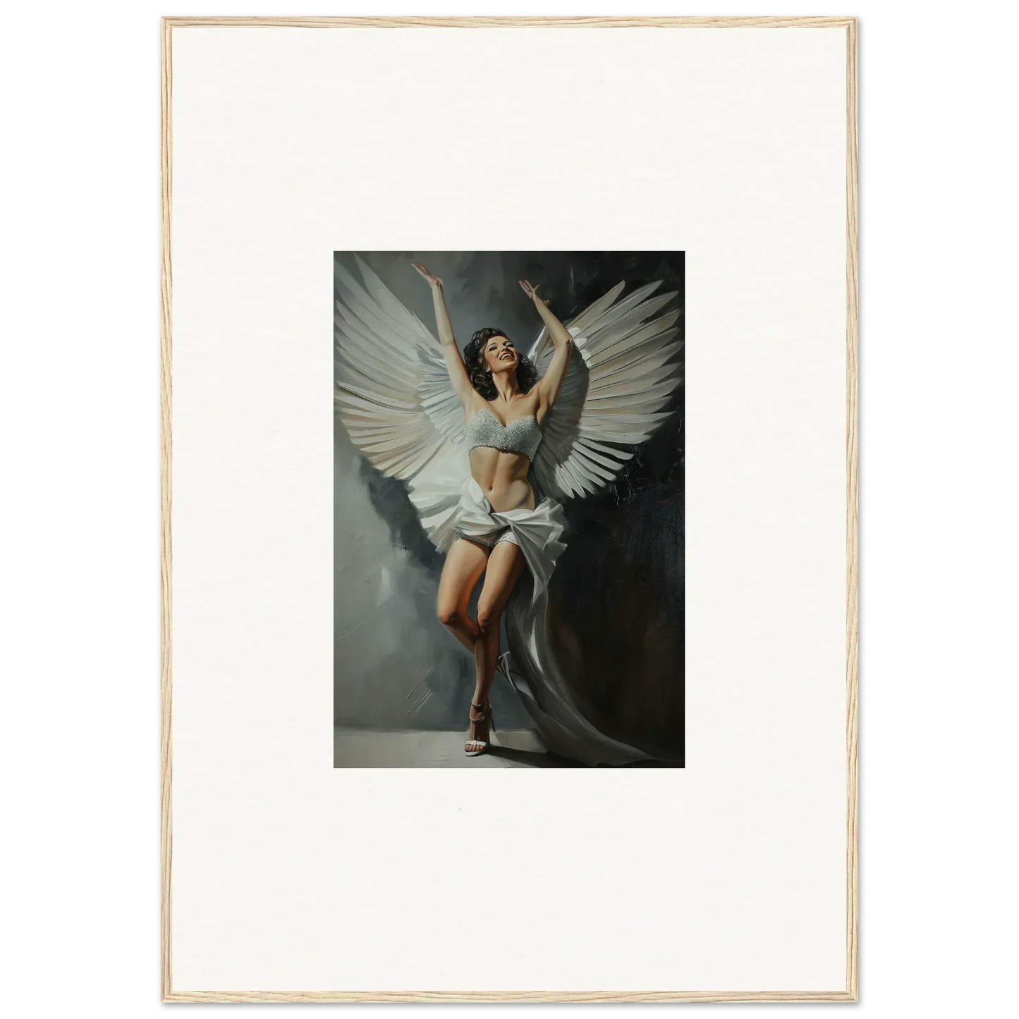 Woman with large white wings posing in a dreamy canvas print for bliss paradise room decoration