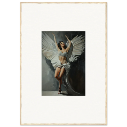 Woman with large white wings posing in a dreamy canvas print for bliss paradise room decoration