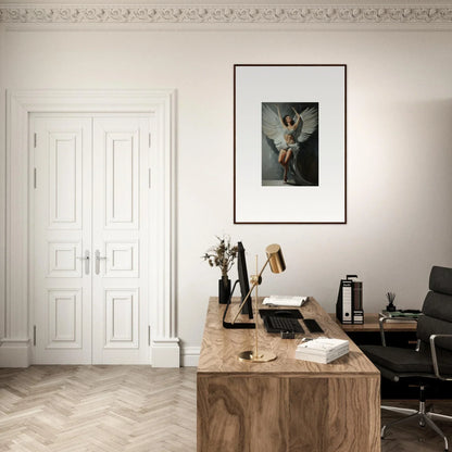 Elegant home office with wooden desk, framed artwork, and a canvas print for bliss paradise