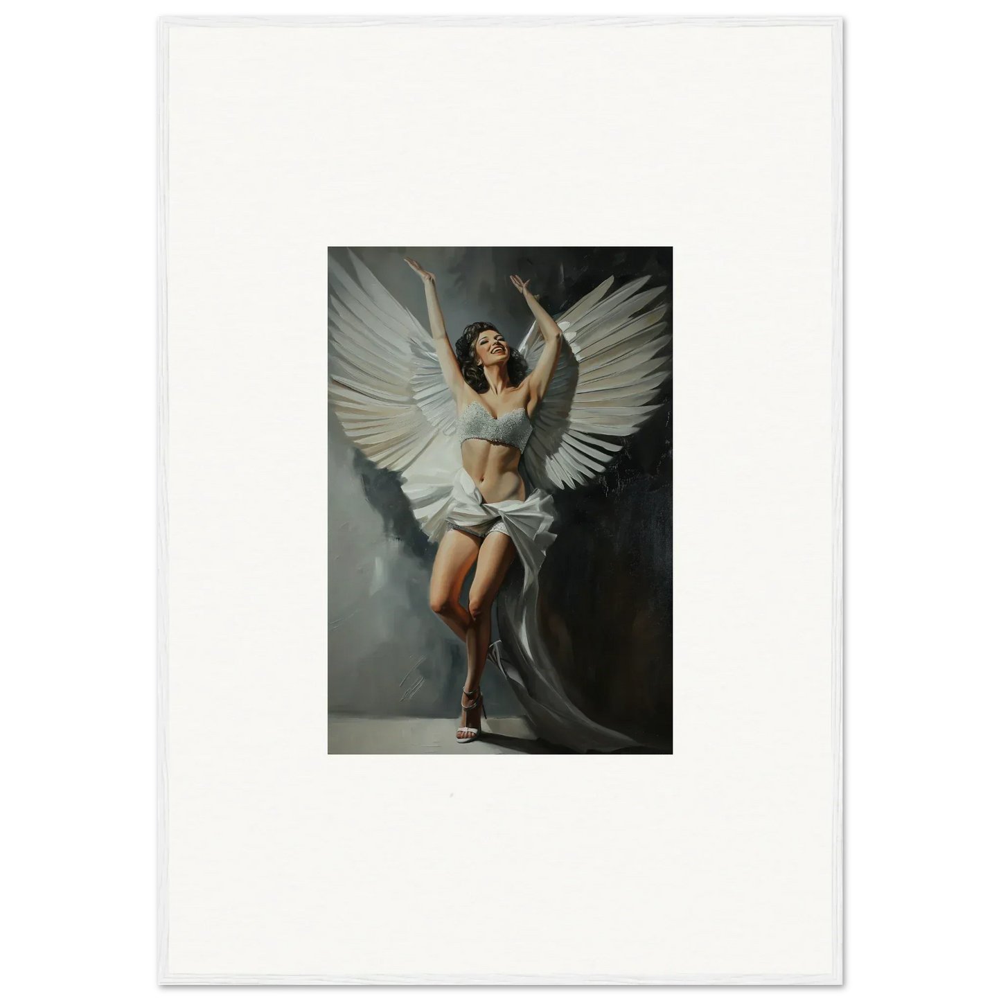 Woman with large wings in white clothing, perfect for Bliss Paradise room decoration canvas print