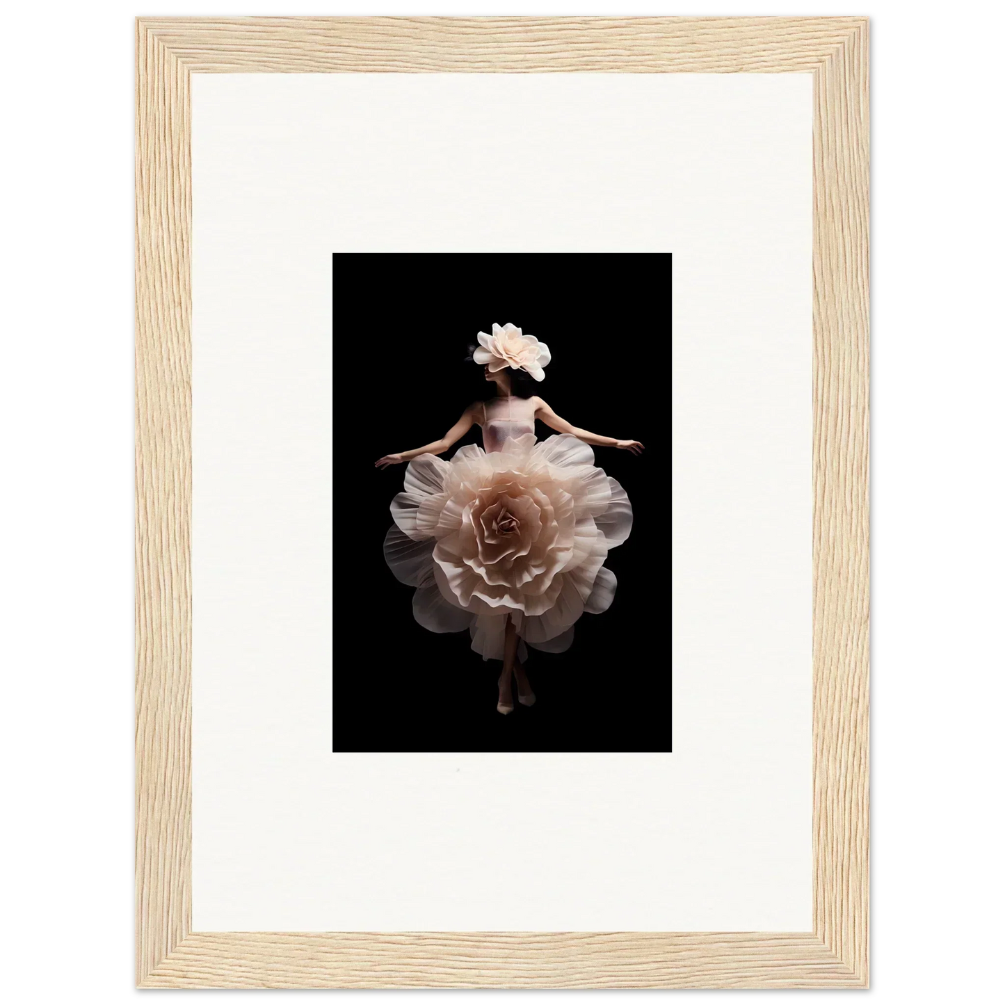 Ballerina-like figure composed of delicate flower petals against a dark background.