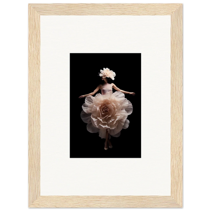 Ballerina-like figure composed of delicate flower petals against a dark background.