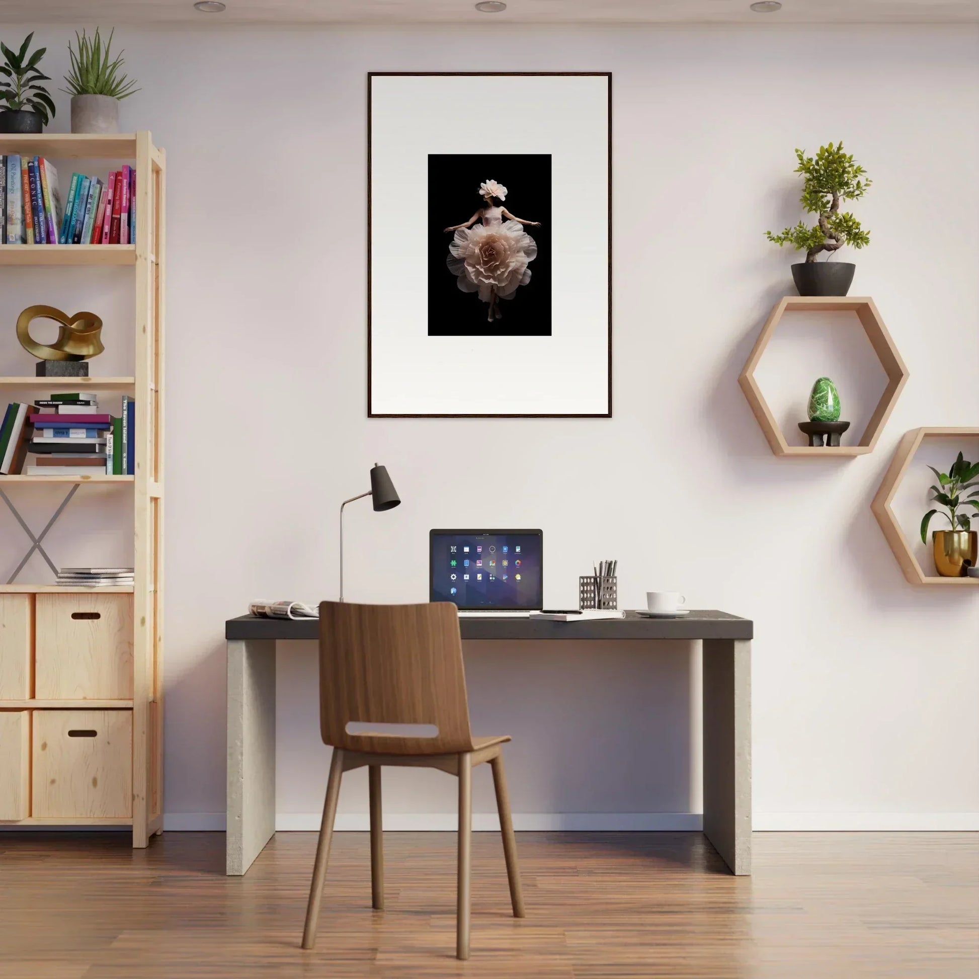 Modern home office workspace with a desk, chair, and decorative wall shelves.