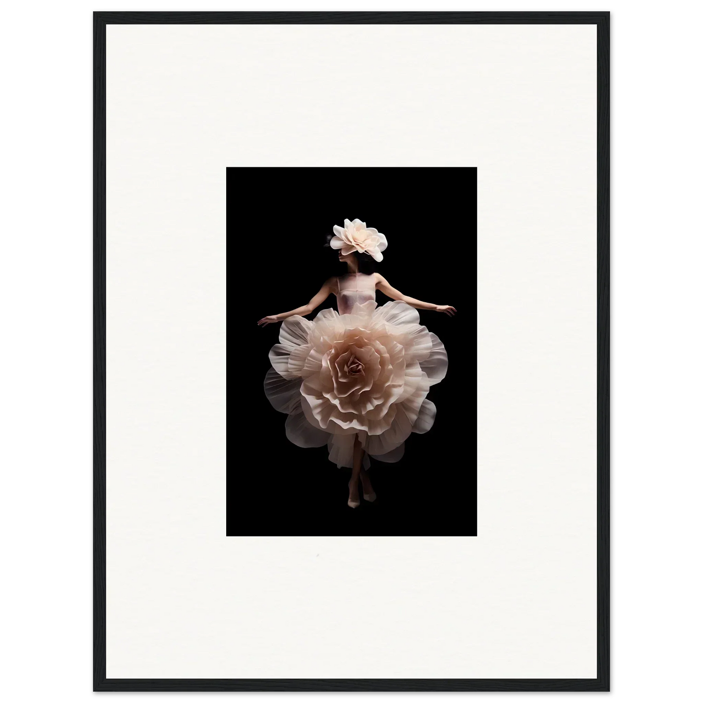 Delicate figure emerging from a blossoming pale pink flower, resembling a dancer in motion.