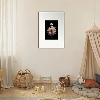 Framed photograph of a flamingo with its feathers puffed out against a dark background.