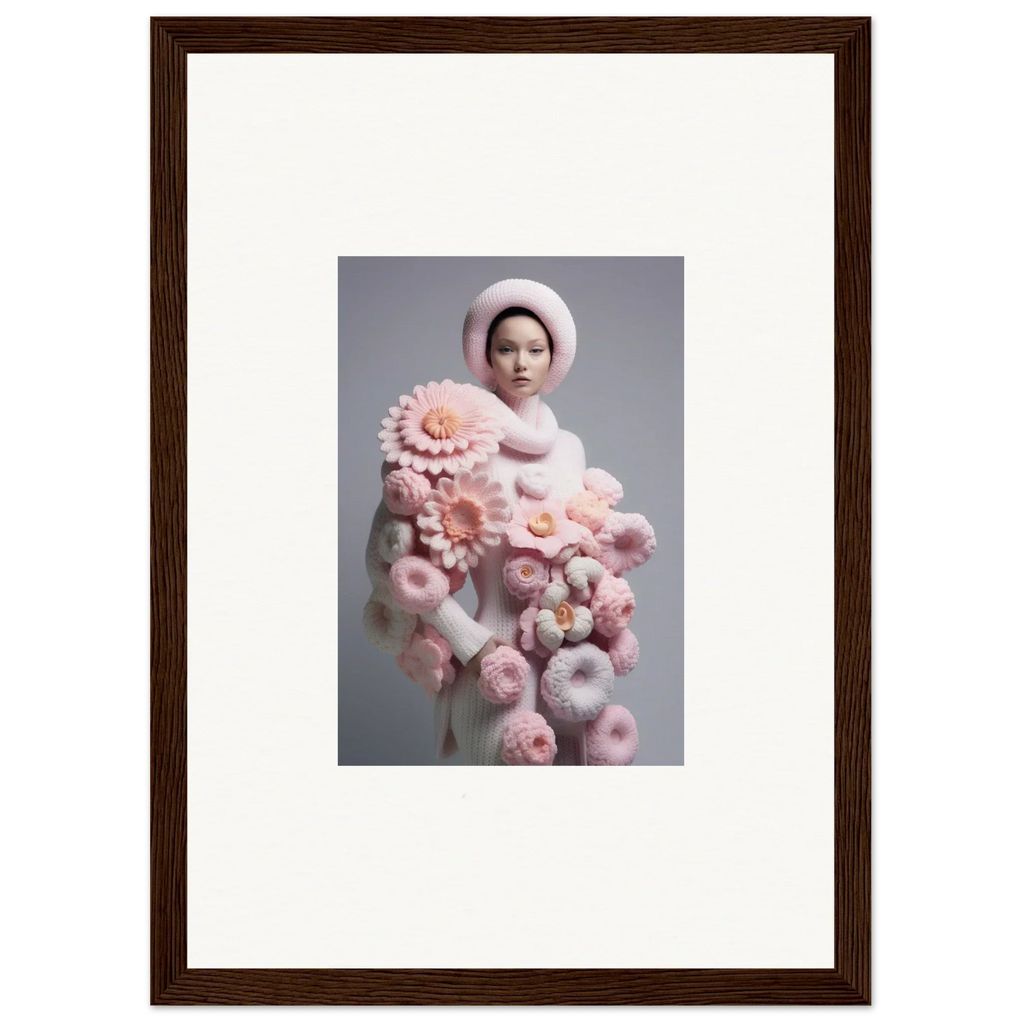 Framed wall art of a person in white with pink floral arrangements for room decor