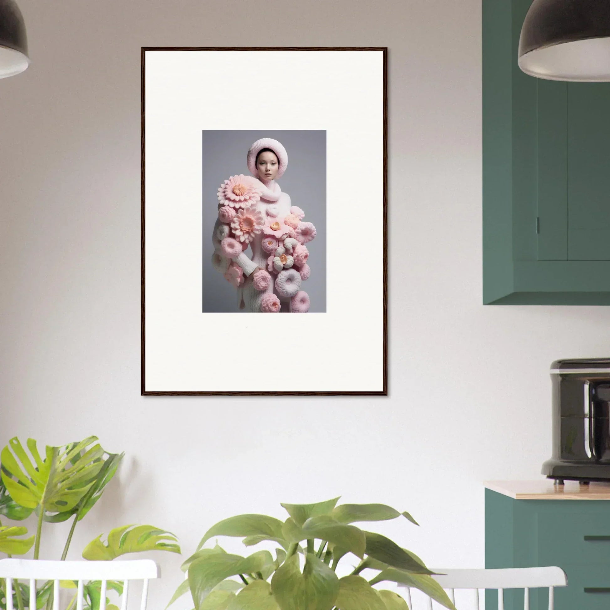 Framed wall art of a person in pink fluffy objects, perfect for Chrysanthemum Daydream room decor