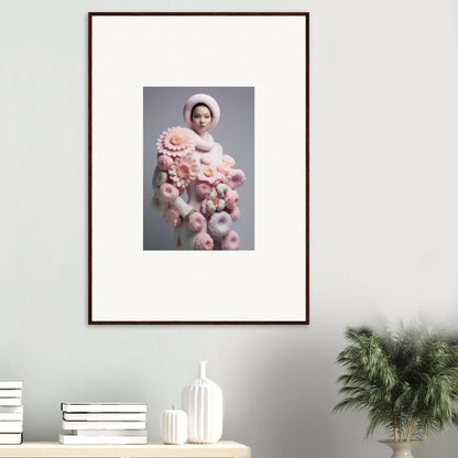 Framed wall art featuring a person in a white hat amidst pink fluff for Chrysanthemum Daydream room decor