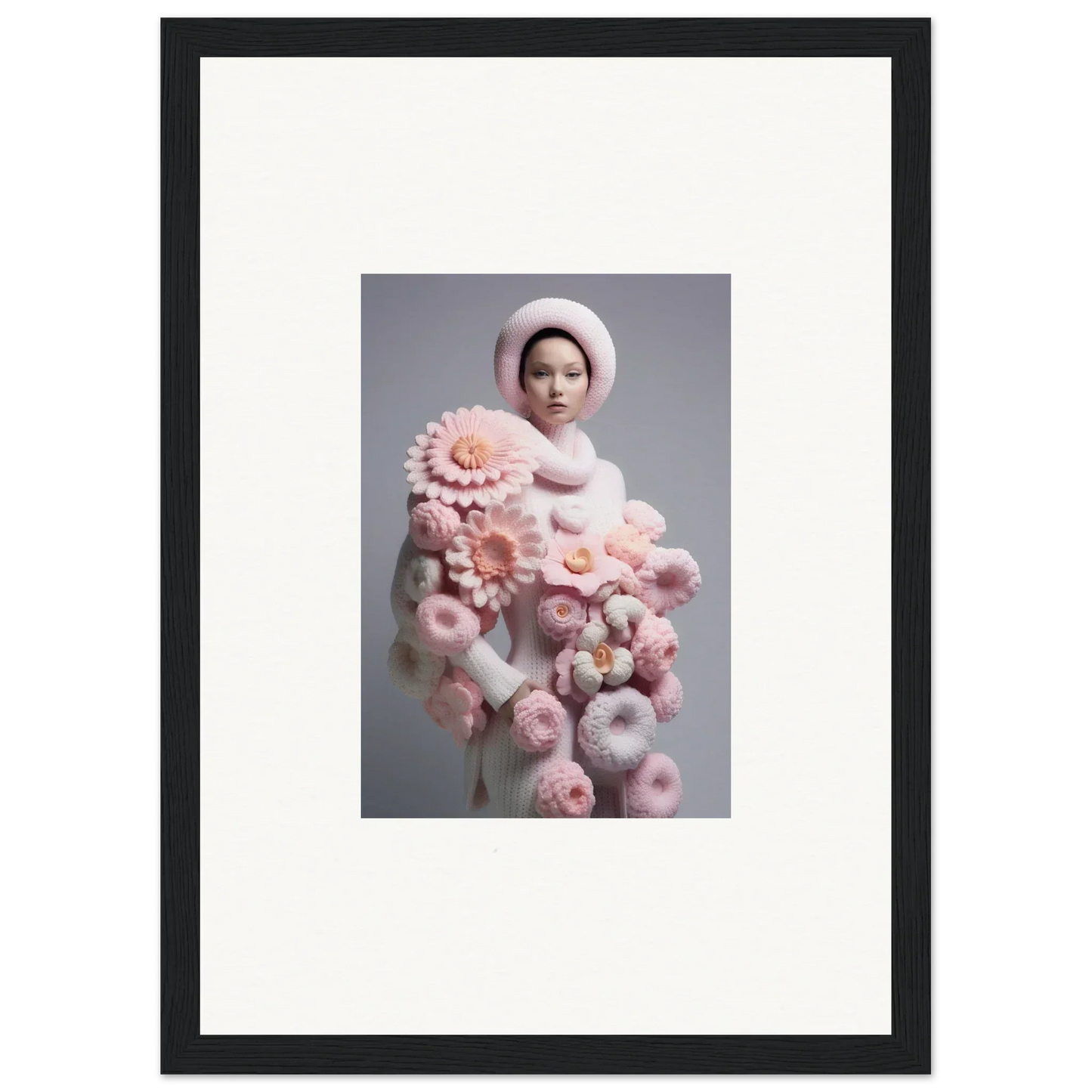 Framed wall art of a person in a white hat and pink chrysanthemum daydream outfit