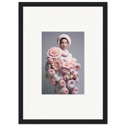 Framed wall art of a person in a white hat and pink chrysanthemum daydream outfit