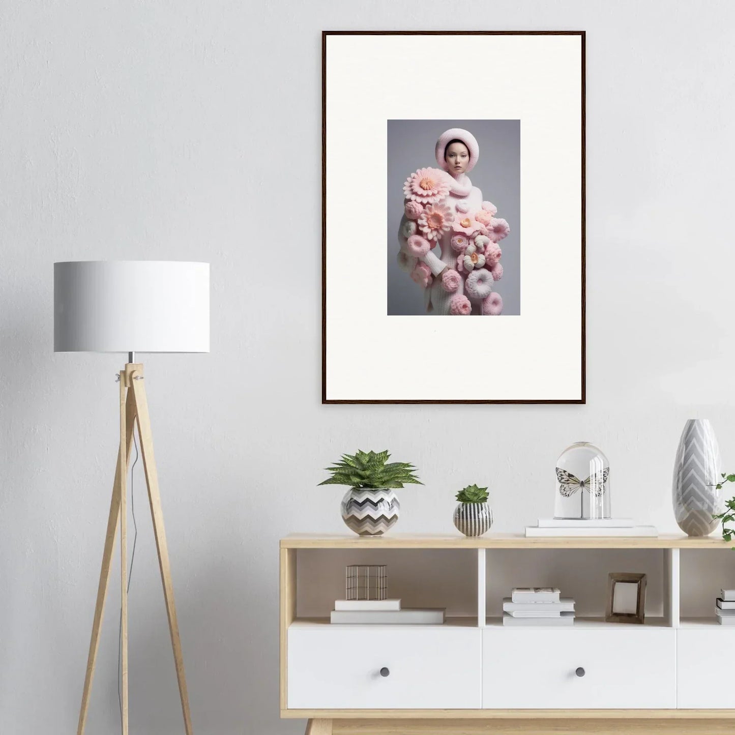 Framed wall art of person with pink plush toys for a Floral Chrysanthemum Daydream room decor