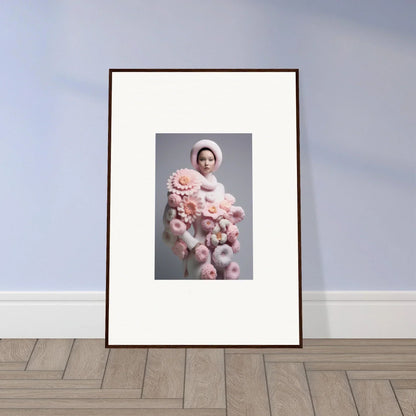 Framed wall art of a person in white surrounded by pink fluff for Chrysanthemum Daydream room decor