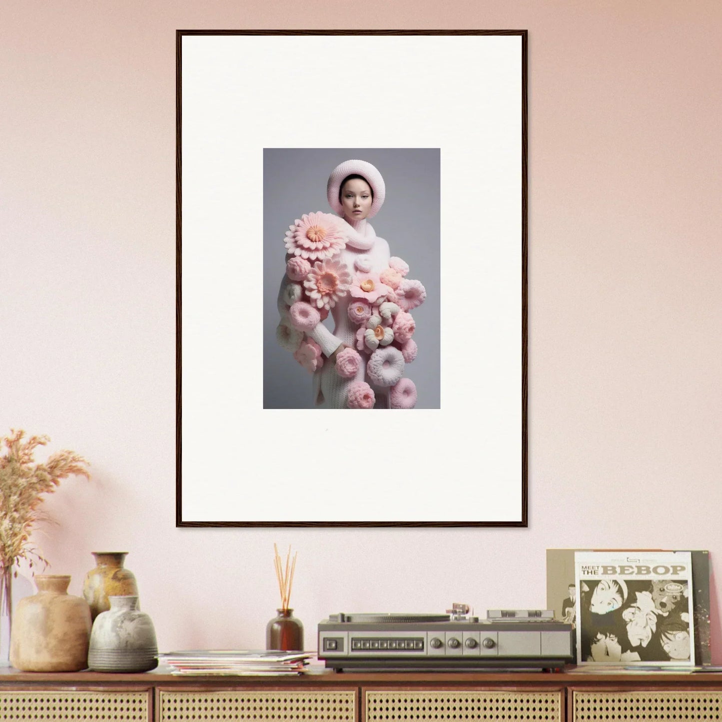 Framed wall art of a figure with pink plush objects in Chrysanthemum Daydream design