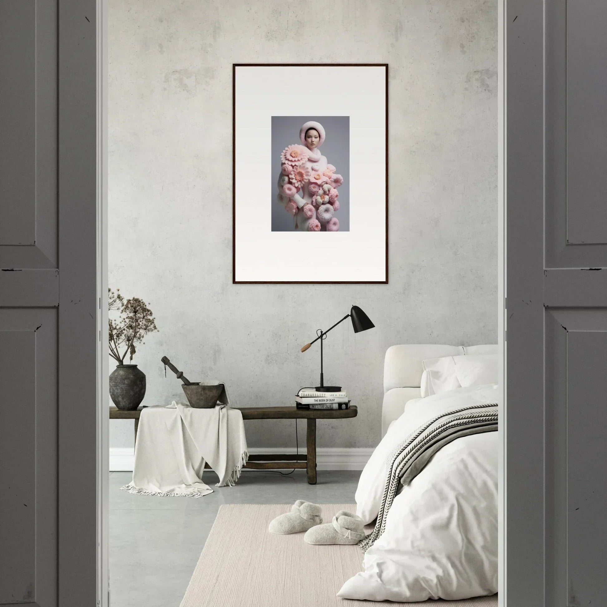 Framed wall art of a person in a pink fluffy outfit, enhancing Chrysanthemum Daydream room decor