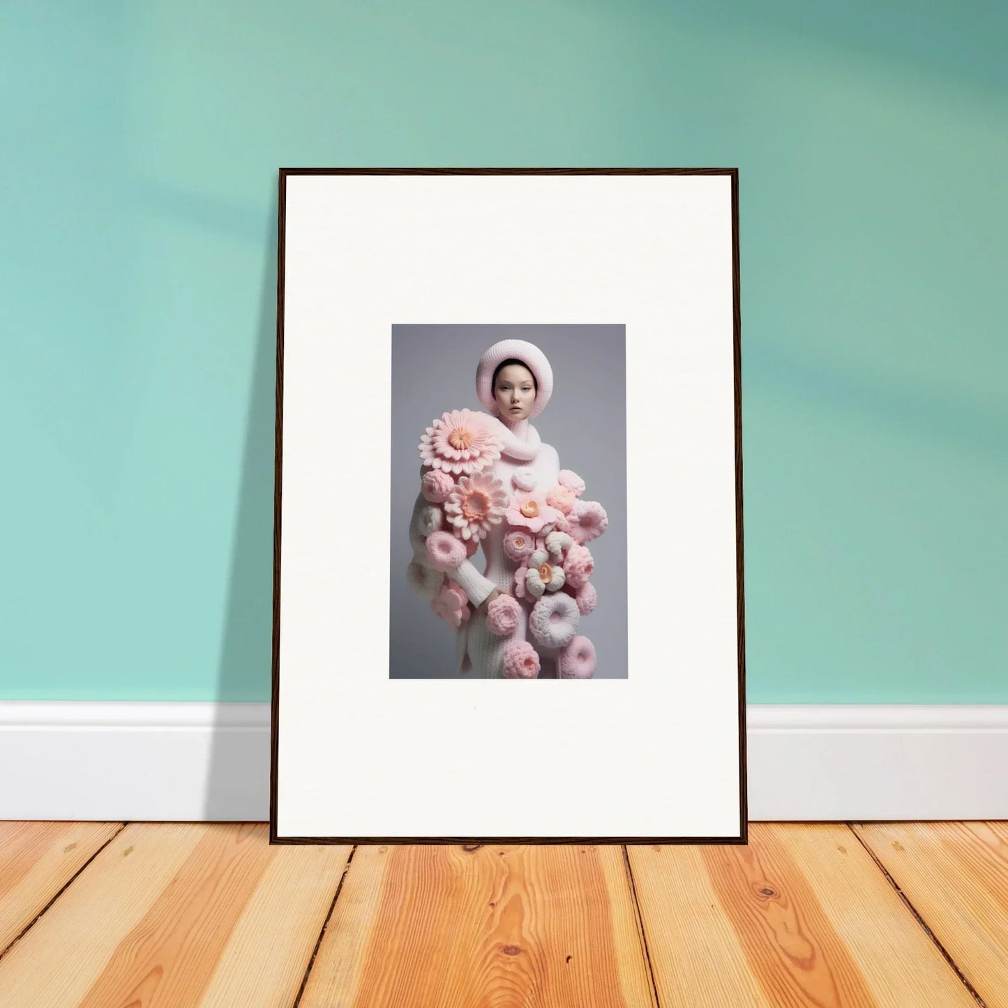 Framed wall art of a person in white with pink fluffy objects, ideal for Chrysanthemum Daydream room decor