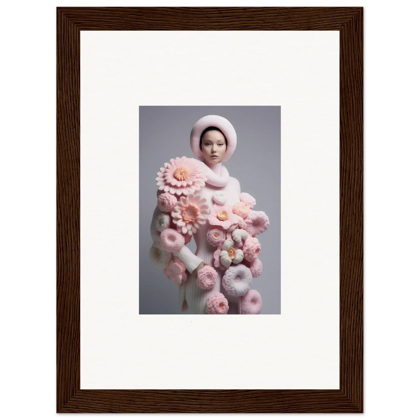 Framed wall art of a child in white with pink flowers, ideal for Chrysanthemum Daydream room decor