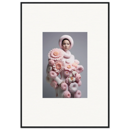 Framed wall art featuring a person in fluffy garments with pink flowers for room decor