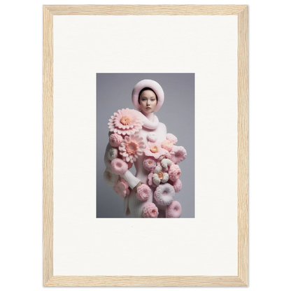 Framed wall art of a person in a white hat with pink chrysanthemums for room decor