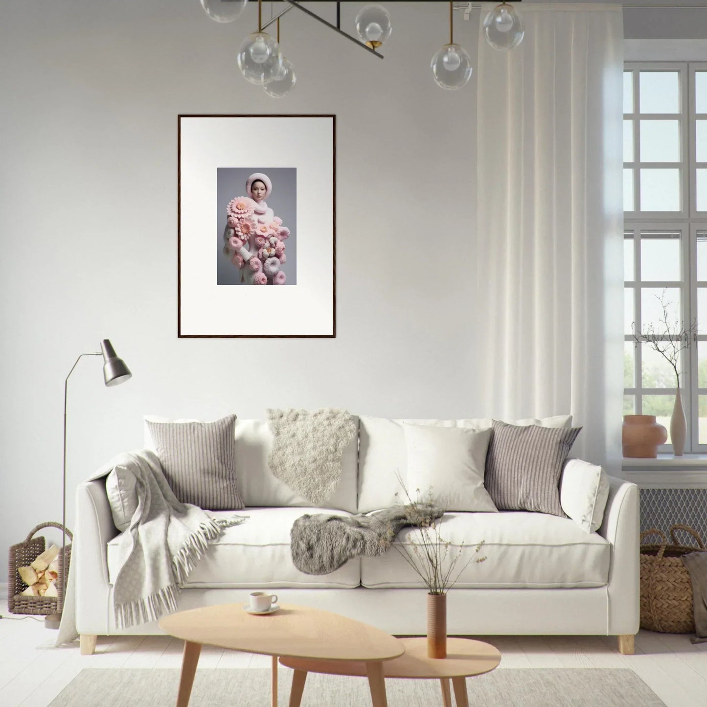 Cozy white sofa with pillows and blankets, matching Chrysanthemum Daydream wall art