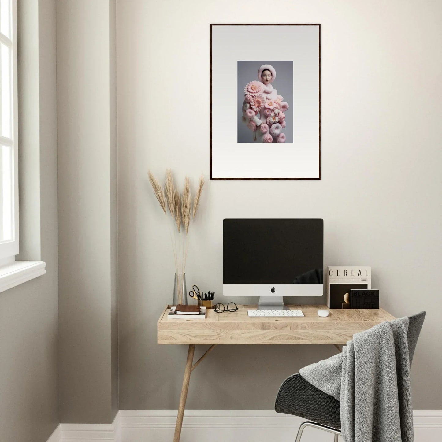 Minimalist wooden desk with a computer and Framed Wall Art, featuring Chrysanthemum Daydream