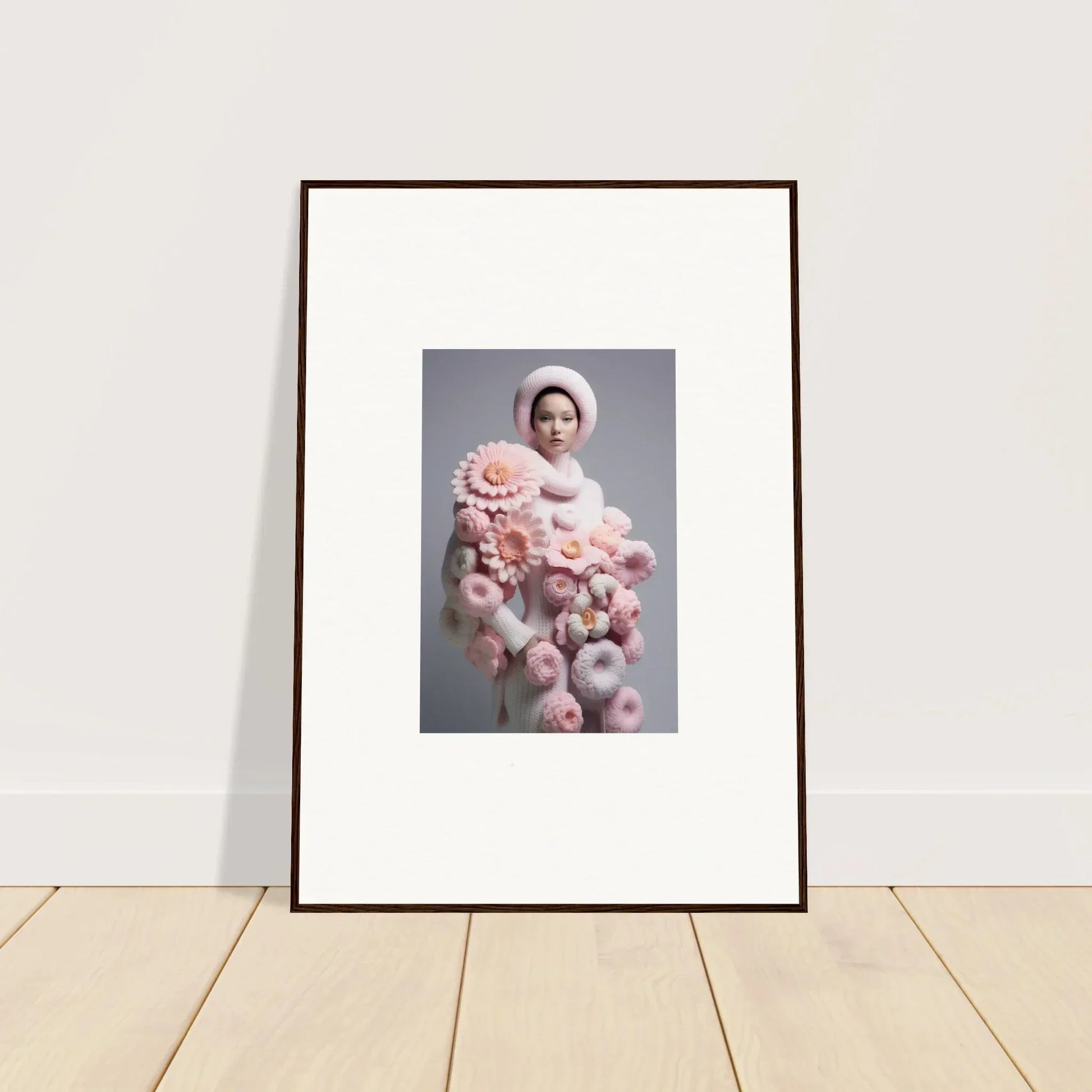 Framed wall art of a person in white with pink fluffy objects, Chrysanthemum Daydream decor