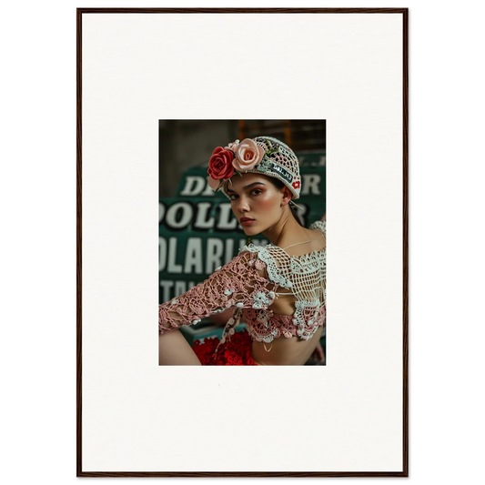 Framed wall art of a woman with ornate headdress, enhancing crochet vision room decor