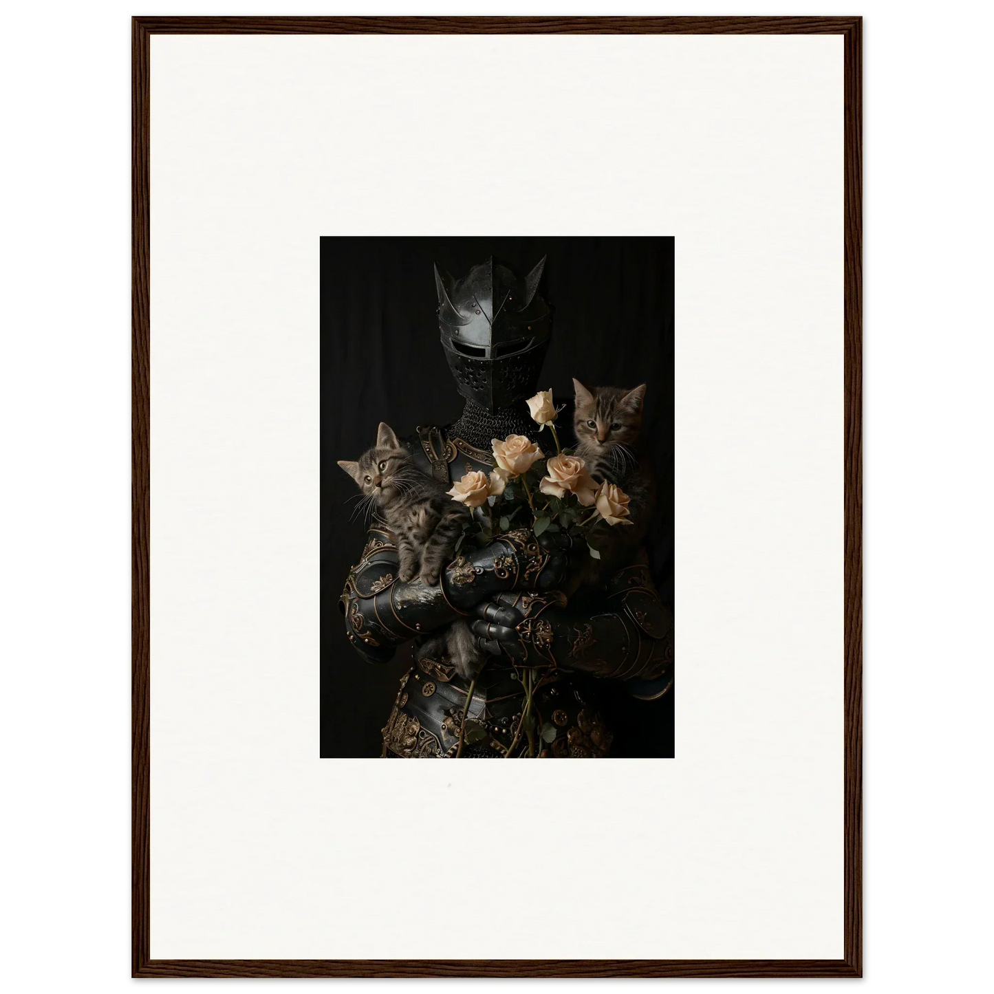 Framed wall art of cats with flowers in a dark setting for cozy room decor