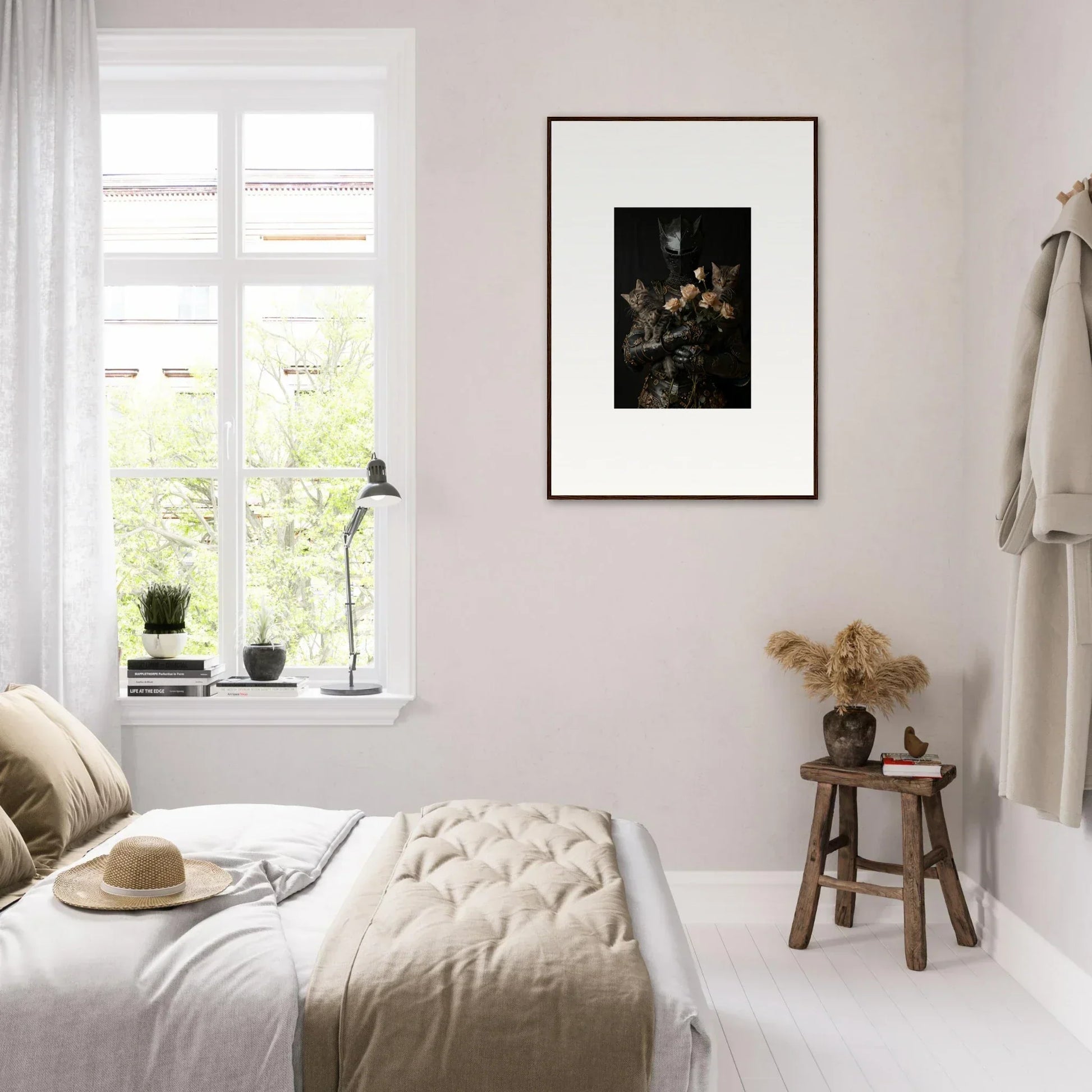 Bright minimalist bedroom with Cuddle Chaotica bedding and framed wall art