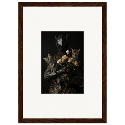 Framed wall art of cuddle chaotica tabby kittens among pale roses, perfect for room decor