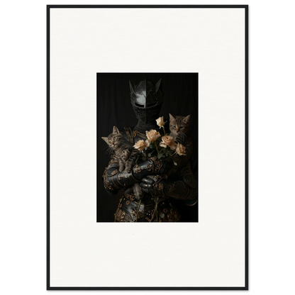 Framed wall art of Cuddle Chaotica with two cats and pale flowers in dark decor