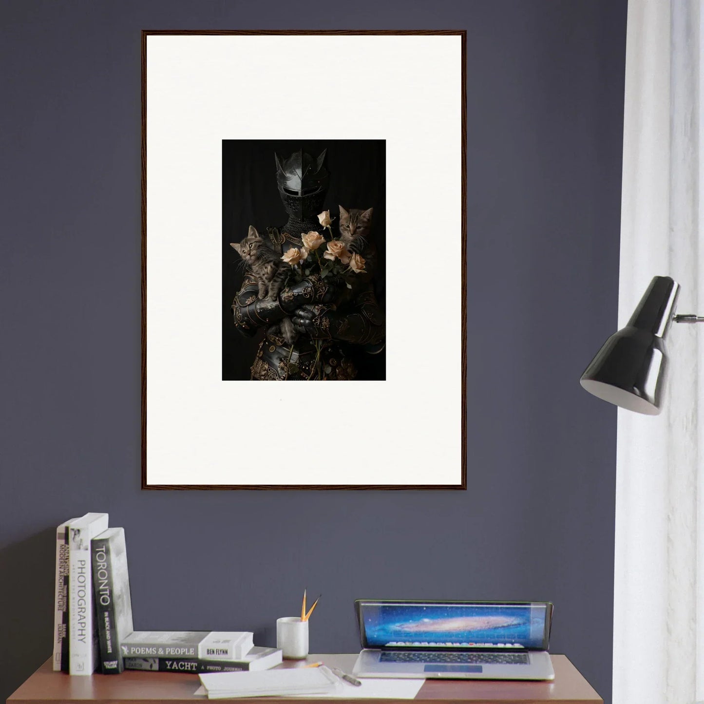 Framed dark floral still life painting for cozy room decor, Cuddle Chaotica