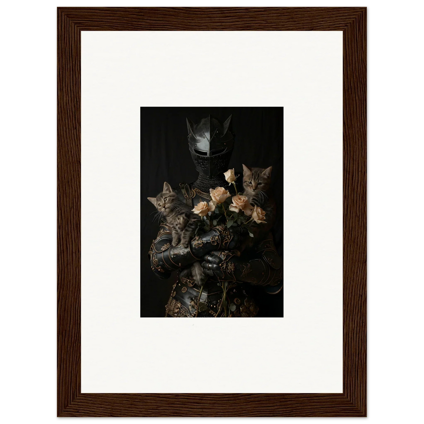 Framed wall art of cuddle chaotica cats with yellow roses in moody room decor