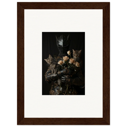 Framed wall art of cuddle chaotica cats with yellow roses in moody room decor