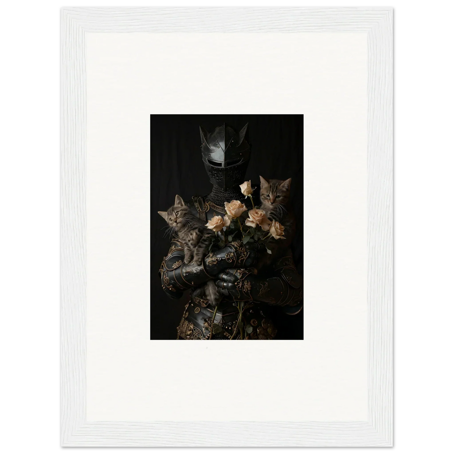 Framed wall art of a person with flowers and cats for cozy Cuddle Chaotica room decor